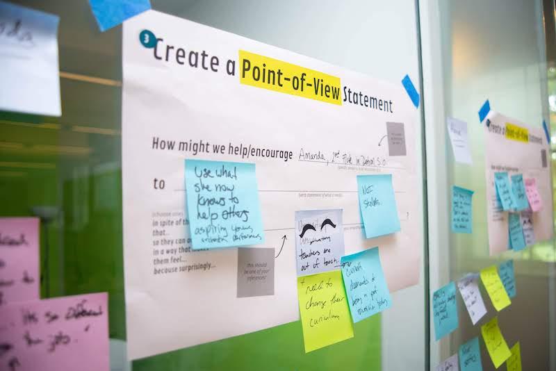 Paper taped on a glass wall that says "Create a Point-of-View Statement" with colorful post-its on it