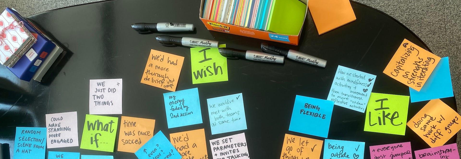 Post-its and markers on a table