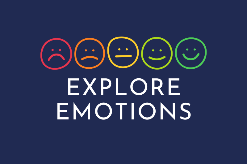 Five rainbow smiley faces with the following written underneath: Explore Emotions