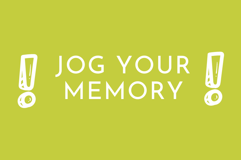 A green background with a graphic of two exclamation points. Underneath it says Jog your memory